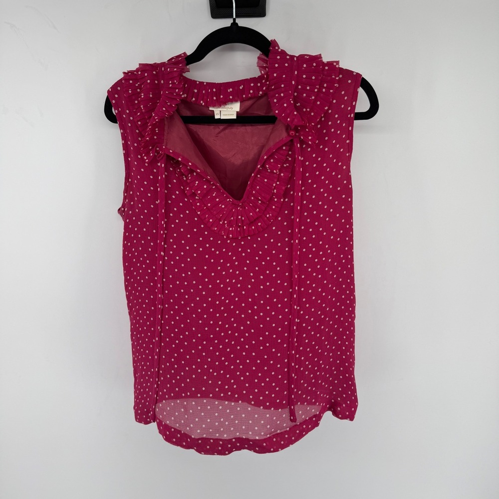 Kate Spade Womens XS Pink Silk Polka Dot Ruffle Tie Neck Blouse Luxury Preppy